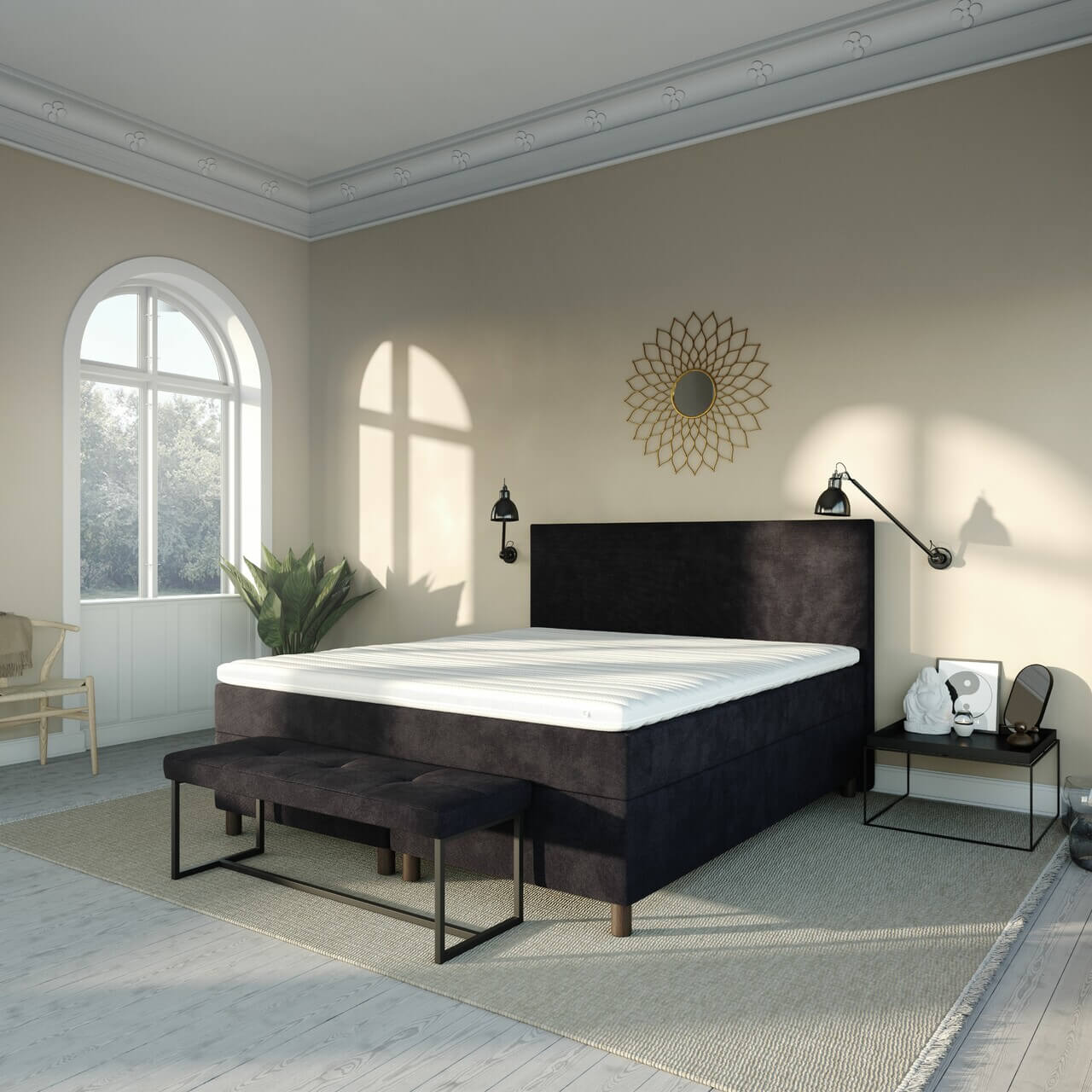 EHOB_LUX_Continental_Classic_180x200_Wave_Anthracite_07_EgRoeget_Plain_180x120_Quilt-Top-Svane_Null_Skammel